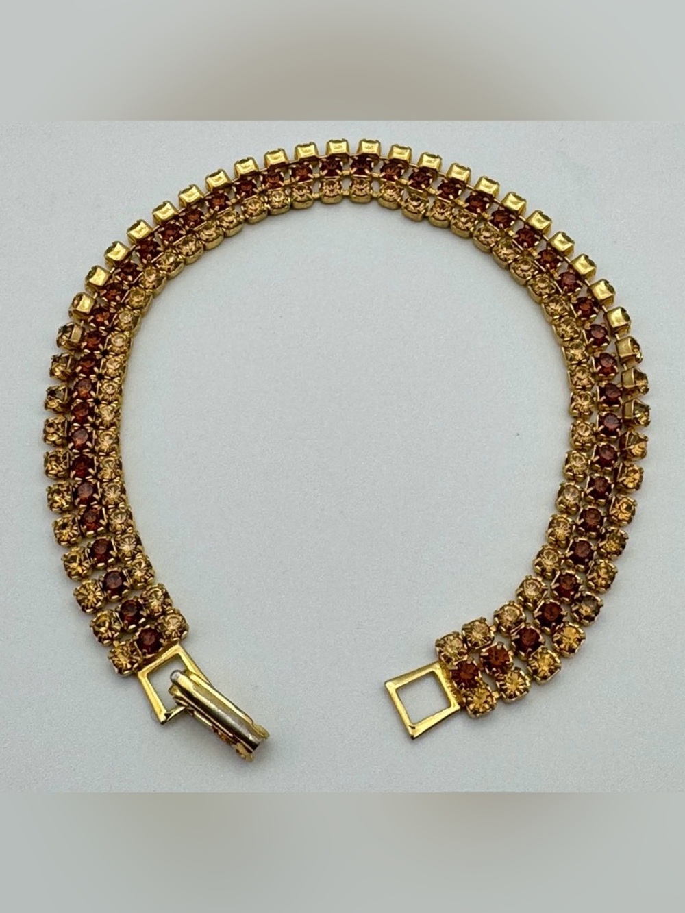 Elegant Gold Tone Triple Row Rhinestone Tennis Bracelet Brown & Champagne